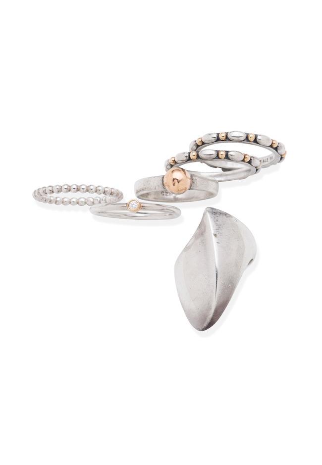 GROUP OF SIX STERLING SILVER RINGS INCLUDING GEORG JENSEN