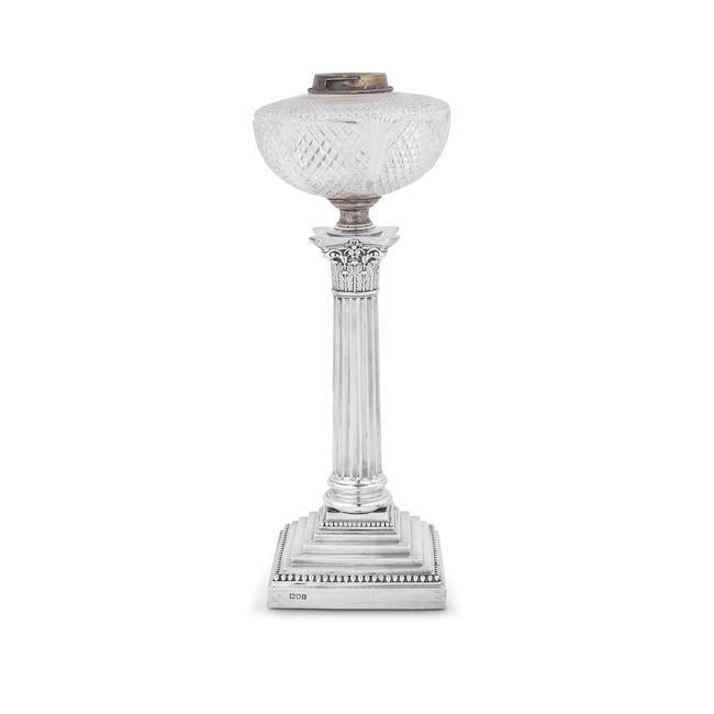 An Edwardian silver Corinthian column oil lamp maker's mark indistinct, London 1904
