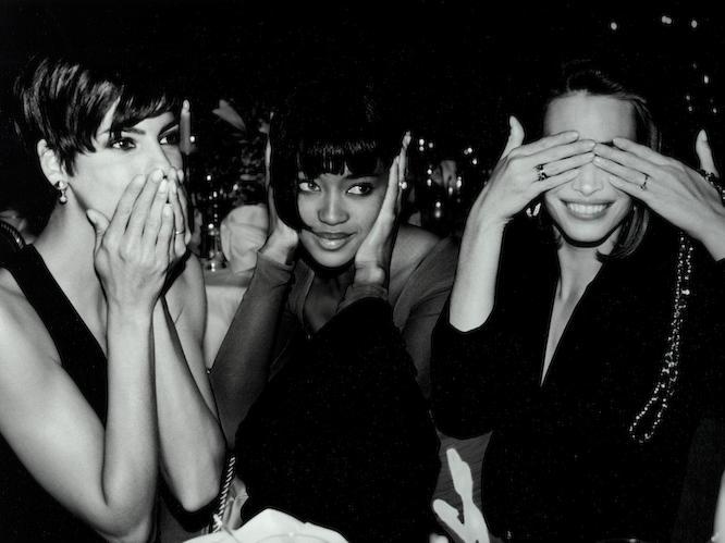 Roxanne Lowit (1942-2022); Linda Evangelista, Naomi Campbell, Christy Turlington: Speaking, Hearing, and Seeing No Evil, Fashion Group Party, Plaza Hotel, NYC;