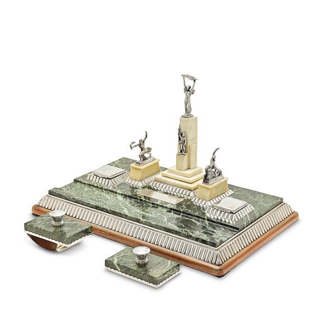 A Hungarian Art Deco silver mounted marble and alabaster desk stand Makers mark PV, incuse stamped with post 1937 mark