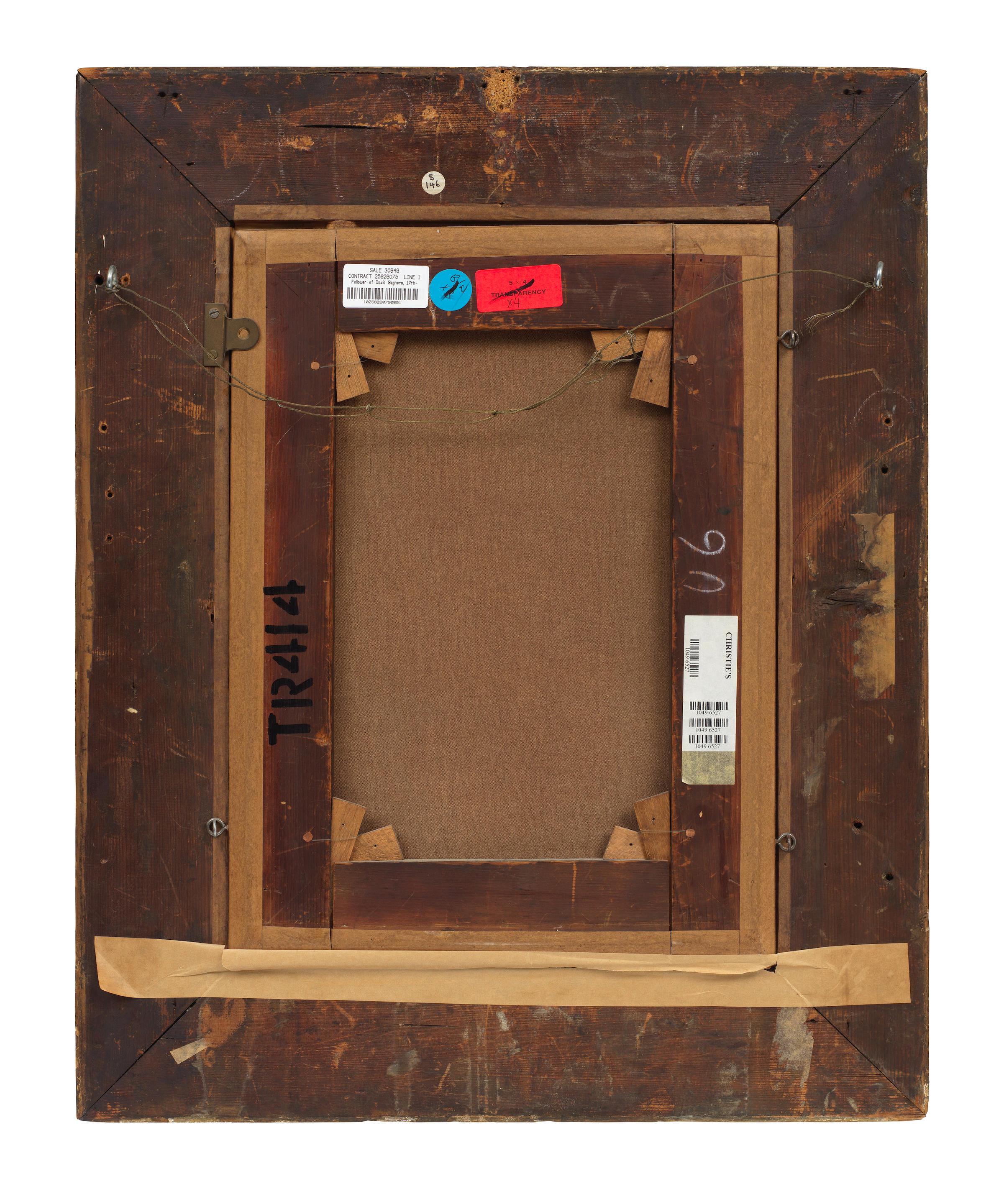 Follower of Daniel Seghers (Antwerp 1590-1661) A still life of tulips, roses, poppies and other flowers in a glass vase, on a stone ledge framed 64.3 x 51.2cm image 3