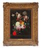 Thumbnail of Follower of Daniel Seghers (Antwerp 1590-1661) A still life of tulips, roses, poppies and other flowers in a glass vase, on a stone ledge framed 64.3 x 51.2cm image 4