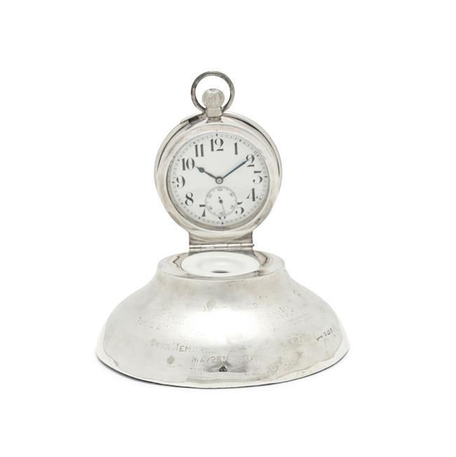 An Edwardian silver combination inkwell and timepiece Saunders & Shepherd, Birmingham 1908