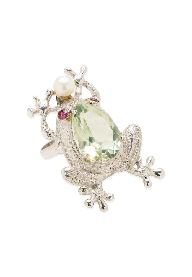 GEM-SET NOVELTY RING WITH GREEN AMETHYST, PEARL AND RUBIES