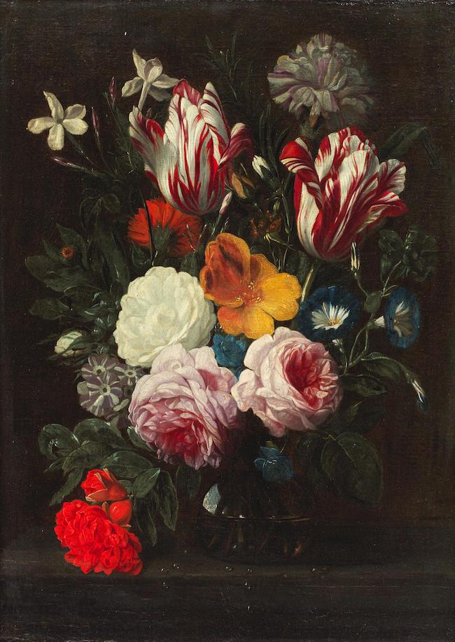 Follower of Daniel Seghers(Antwerp 1590-1661)A still life of tulips, roses, poppies and other flowers in a glass vase, on a stone ledge framed: 64.3 x 51.2cm