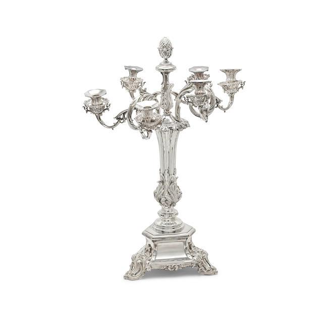A silver-plate six-light candelabra James Dixon and Sons
