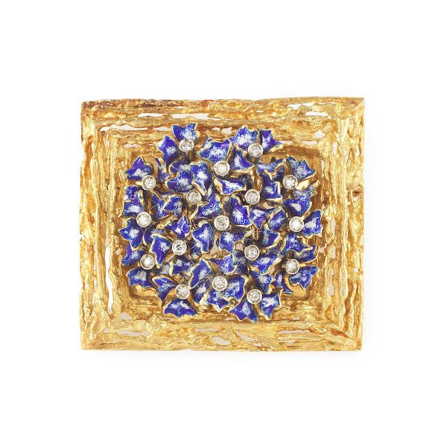 BROCHE 'FLEUR' ÉMAIL ET DIAMANTS