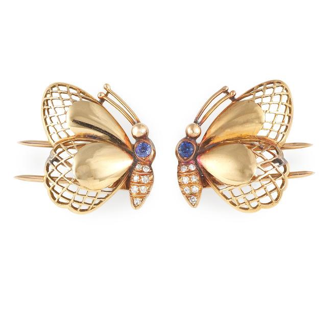 PAIRE DE CLIPS 'PAPILLON' SAPHIRS ET DIAMANTS