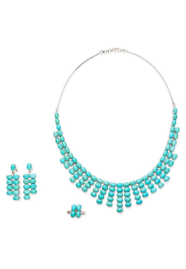 TURQUOISE NECKLACE, EARRINGS AND RING SUITE