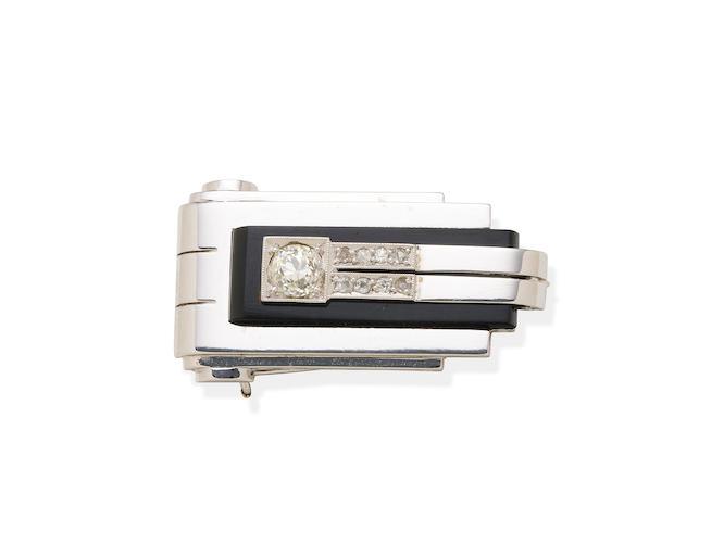 DIAMOND AND ONYX CLIP BROOCH