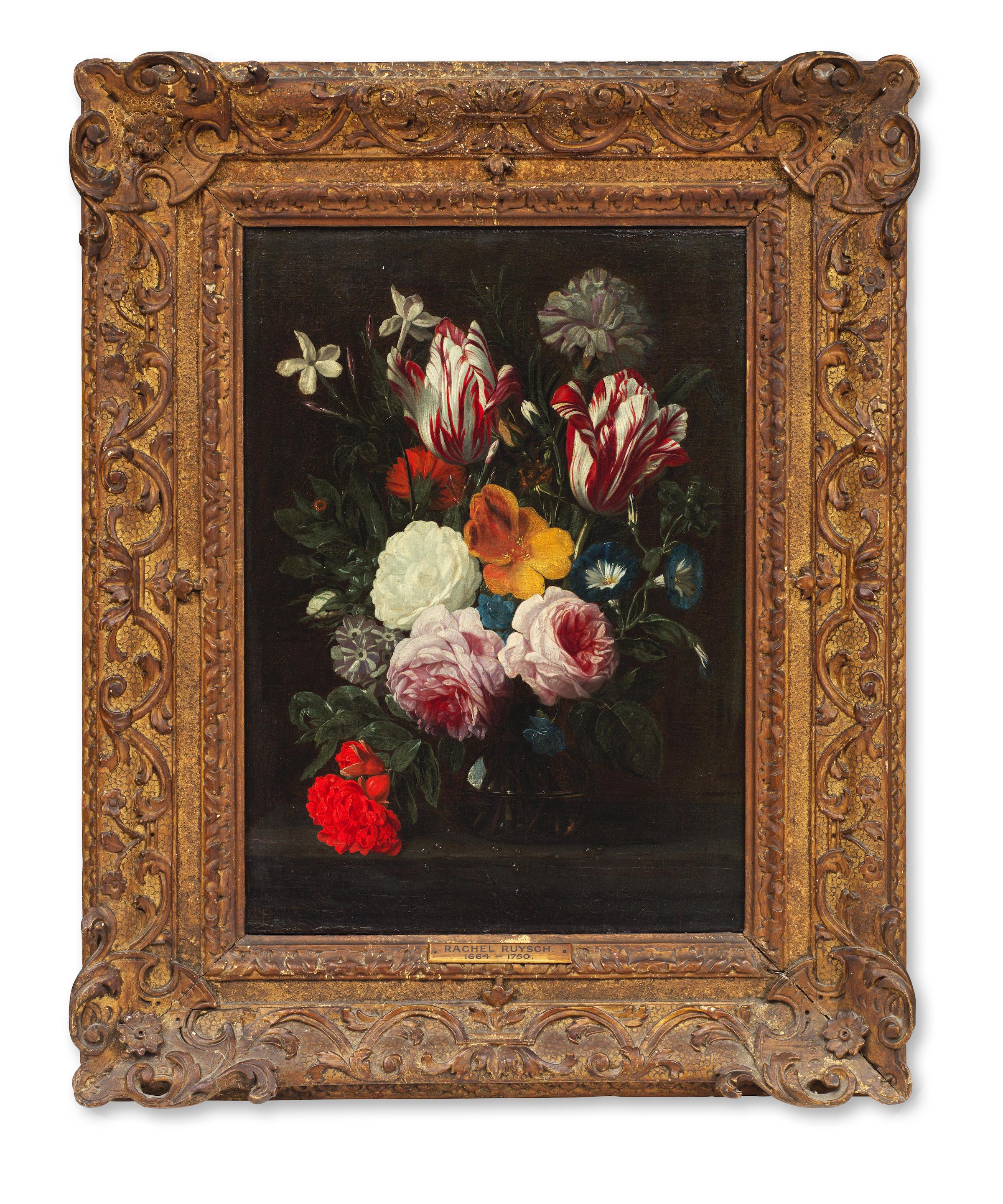 Follower of Daniel Seghers (Antwerp 1590-1661) A still life of tulips, roses, poppies and other flowers in a glass vase, on a stone ledge framed 64.3 x 51.2cm image 4