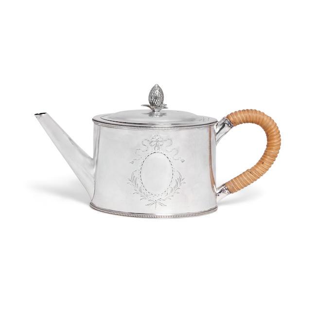A George III silver teapot Hester Bateman, London 1785, with incuse duty mark and duty draw back mark
