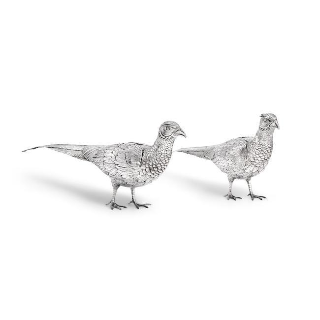 A pair of large German silver table ornaments modelled as pheasants Neresheimer & Söhne, Hanau, also stamped Wyler, also stamped 925 (2)