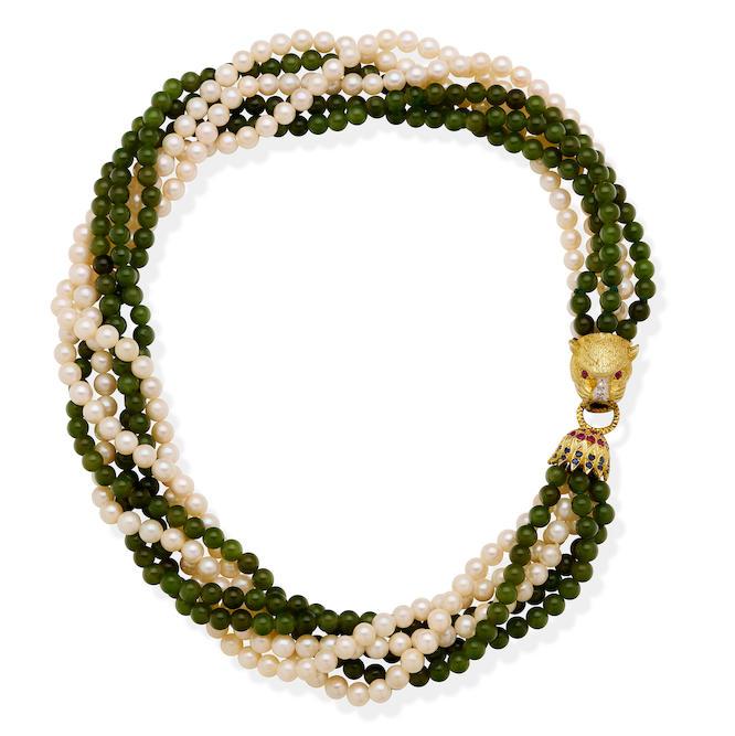 GEM-SET, CULTURED PEARL AND JADEITE MULTI STRAND NECKLACE