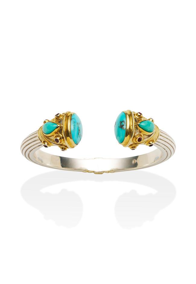 TURQUOISE AND GARNET SILVER BANGLE