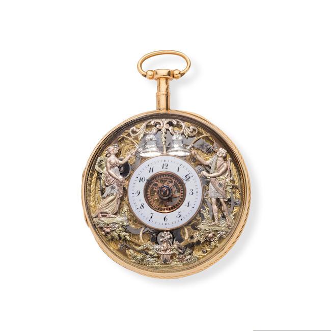 Duchène & Fils. An 18K gold key wind open face Jacquemart automaton quarter repeating pocket watch Duchène & Fils. Montre de gousset à cadran ouvert en or jaune 18K (750) avec automate Jacquemart et répétition des quarts remontoir à clé Circa 1840